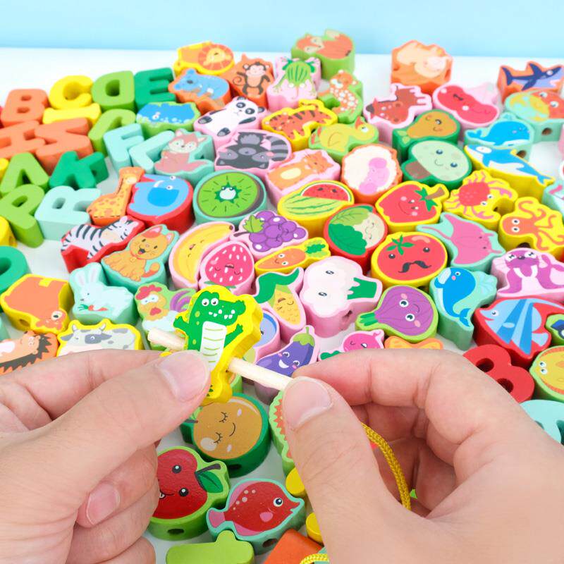 儿童木质串珠子穿线绳益智专注力训练手抓板积木制玩具男女孩宝宝