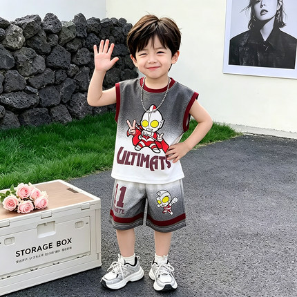 奥特曼男童夏装渐变背心套装新款洋气无袖运动透气夏季卡通潮时尚