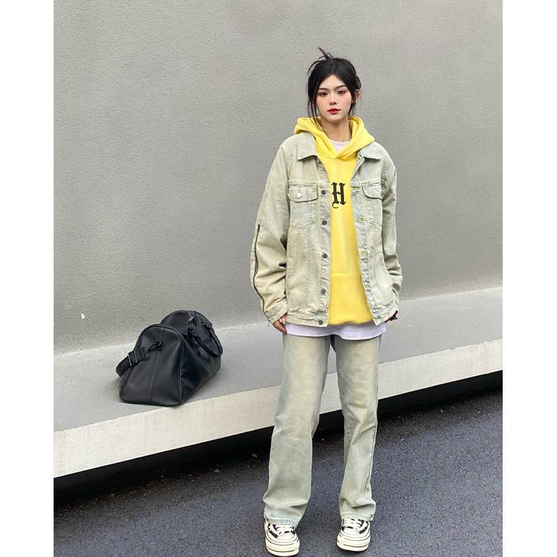 水洗黄泥牛仔外套女秋季拉链美式工装夹克潮牌情侣复古牛仔衣褂子