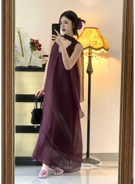 岛屿来信 法式复古紫色前后两穿设计无袖飘带夏季雪纺气质连衣裙