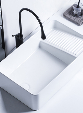 莫德卡恩MODEUCANE 台上洗衣盆带搓衣板侧下水陶瓷洗衣池白色单盆