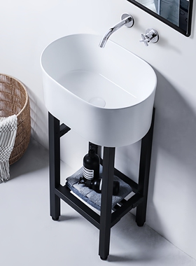 莫德卡恩免打孔无龙头孔落地洗脸盆侧下水陶瓷洗手盆竖纹水槽免钉