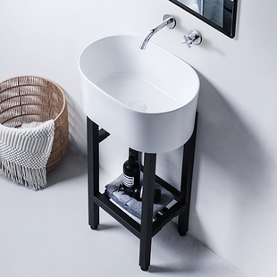 莫德卡恩免打孔无龙头孔落地洗脸盆侧下水陶瓷洗手盆竖纹水槽免钉