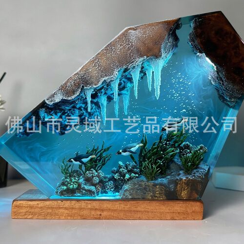 环氧摆件树脂灯斜切钻石双企鹅冰