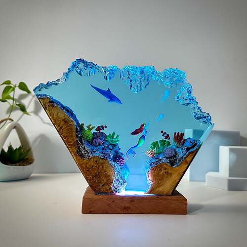 美人鱼海豚树脂艺术灯个性化木夜