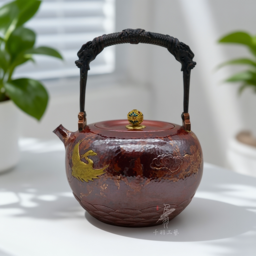 【千羽铜壶】1400ML烧色錾刻提梁壶烧水壶煮茶壶手工锤纹精品茶具