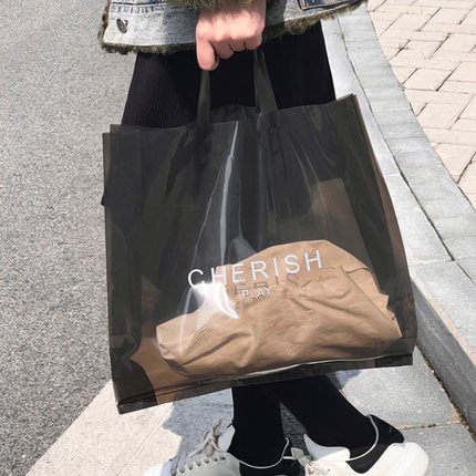 黑色服装店女装装衣服包装袋子透明高档手提塑料高级感购物袋定制