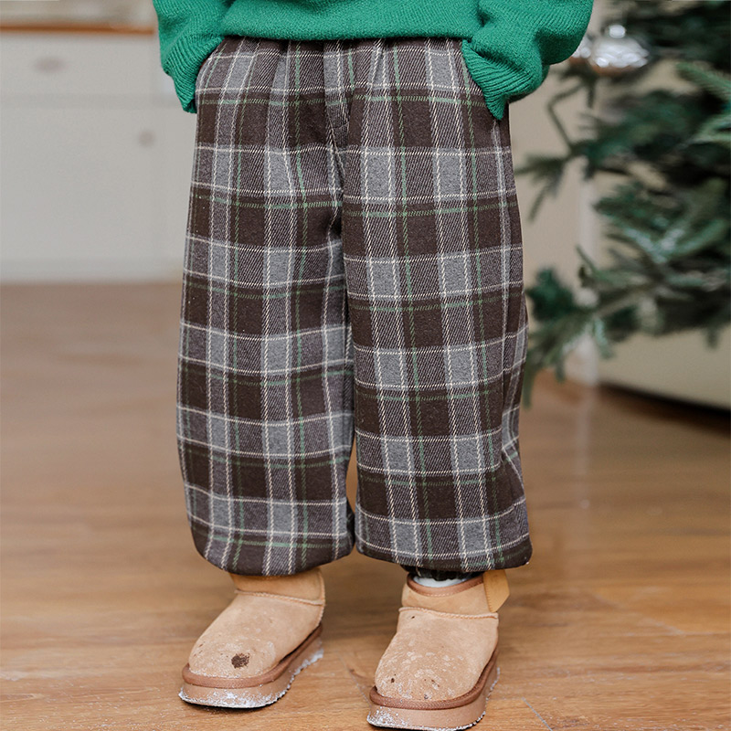 男童裤子2025冬装新款儿童秋冬加厚一体绒格子裤男孩加绒运动裤潮