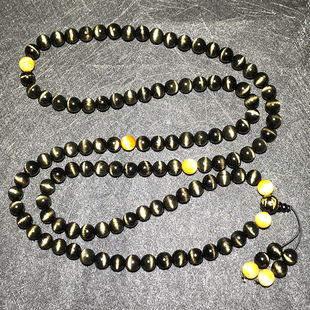 天然猫眼金曜石108颗佛珠手链弧形猫眼石男女黑曜石多圈念珠手串