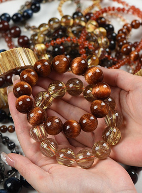 直播天然发晶手链男女精品黑水晶骨干金钛晶手串猫眼石巴西黄绿发