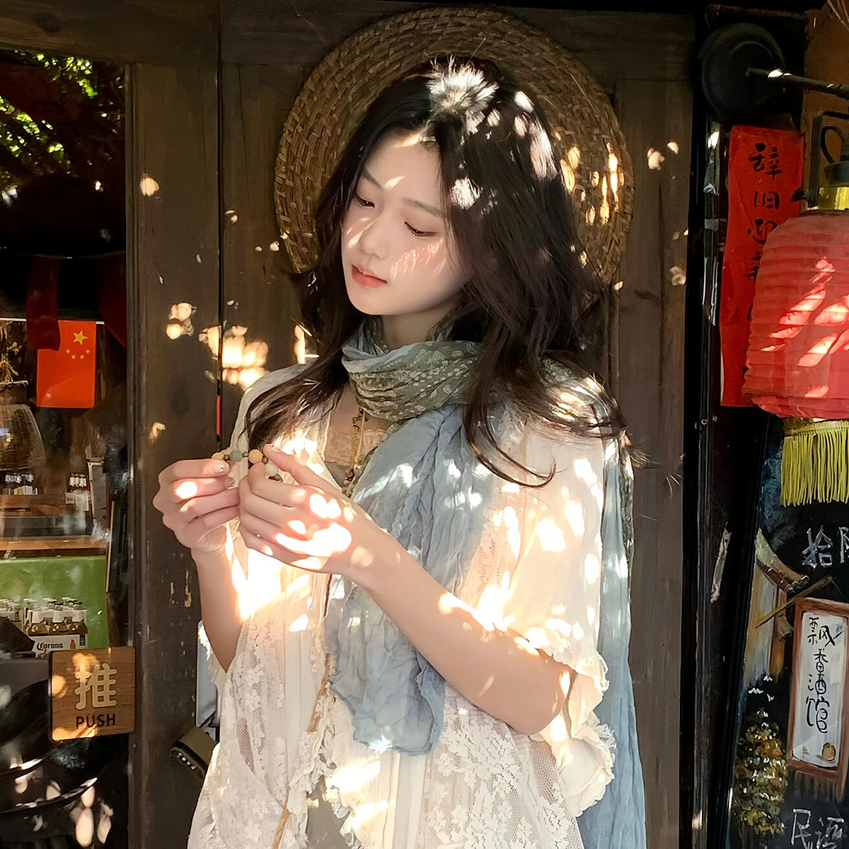云南旅游腰果花薄款复古文艺棉麻围巾女褶皱丝巾系脖长条披肩纱巾