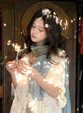 云南旅游腰果花薄款复古文艺棉麻围巾女褶皱丝巾系脖长条披肩纱巾