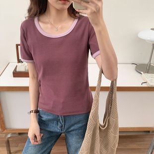 大码 t恤女2024新款 夏季 正肩短袖 U领胖mm休闲撞色百搭上衣 时尚 韩版