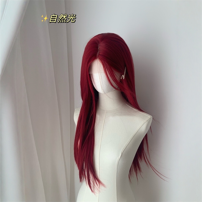 假发全头套红色蕾丝中分长直发