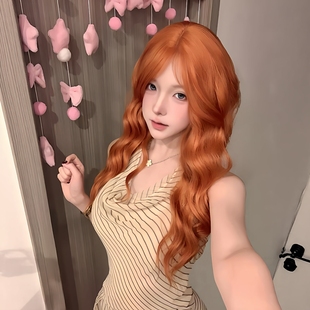 【加州辣妹】假发全头套女中分八字刘海前额蕾丝橙色长卷发水波纹