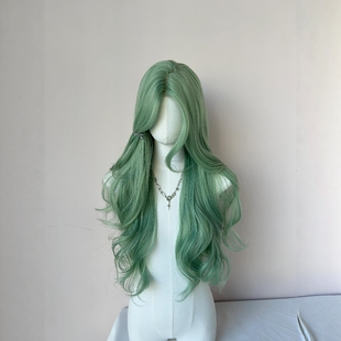 绿色假发中分八字刘海绿色长卷发氛围感大波浪显白cos假发全头套