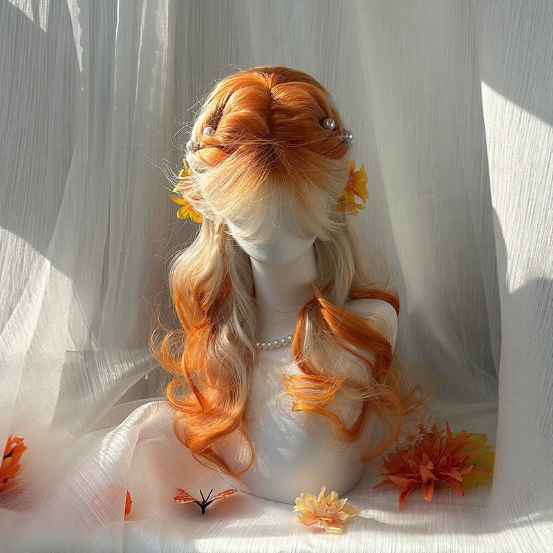 橘色假发女氛围感橘色渐变长卷发暖色系大波浪巴黎画染整顶假发套