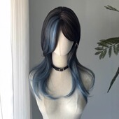 假发全头套女中分黑蓝渐变挑染狼尾中长高层次假发套 黑蓝狼尾
