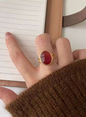 日系Cherry Kitty复古港风椭圆红丝绒戒指女vintage森系百搭指环
