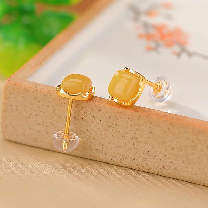 日系设计师topwhits925银蜜蜡复古轻奢时尚几何方形耳钉扭纹菱形