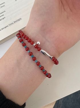 日系cherry kitty925银红玛瑙小鱼圆珠磷灰石手链女简约手工弹力