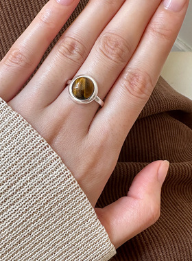 日系cherry kitty925银圆形虎眼石戒指女简约小众设计高级感