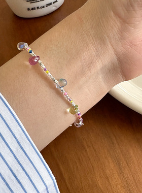 日系cherry kitty925银彩色原石水滴玻璃碎银子手链女韩国度假风