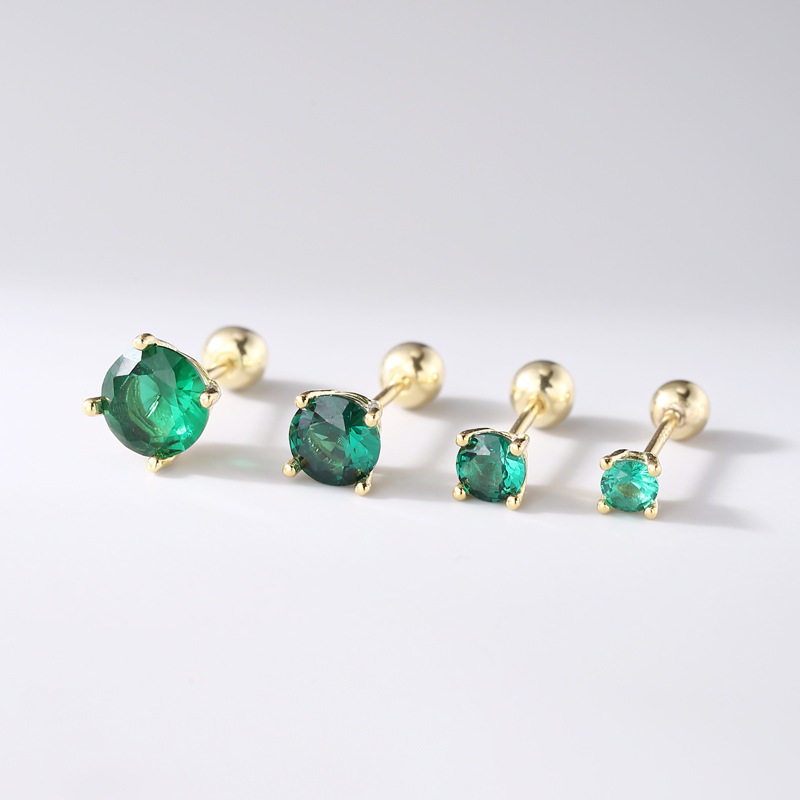 日系cherry kitty925银圆形绿锆石耳钉女简约螺丝拧扣养耳洞耳骨