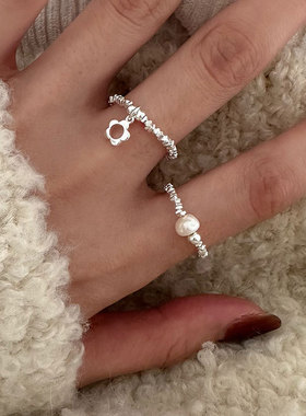 日系cherry kitty925银碎银子珍珠花朵戒指女简约温婉气质个性