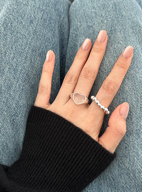 日系cherry kitty925银爱心玉髓戒指女简约优雅甜美气质桃心形