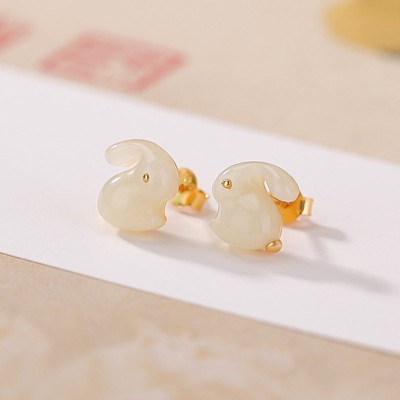 日系设计师topwhit和田玉s925银可爱兔子生肖动物耳钉耳饰