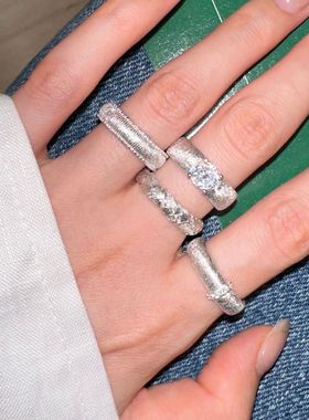 日系cherry kitty925银哑光磨砂镶指女简约港风个性轻奢电白金