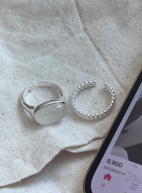 日系cherry kittys925银戒指女白玉髓椭圆形食指指环开口设计