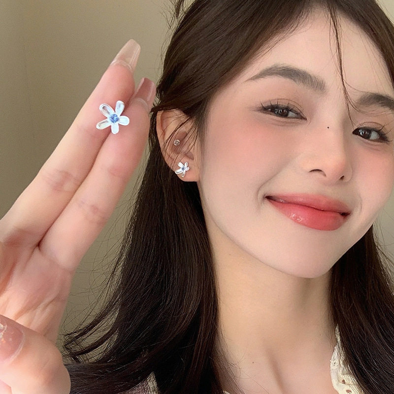 日系cherry kitty925银五瓣花蓝锆石耳钉女简约森系甜美小清新