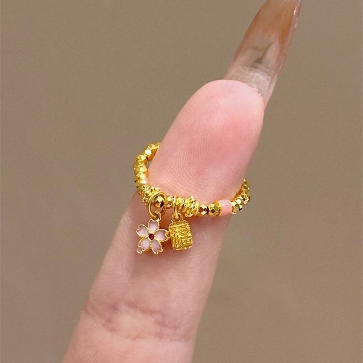 日系Cherry Kitty福牌樱花戒指女ins小众设计感超闪爆闪碎金蹦迪