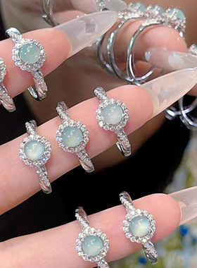 日系Cherry Kitty新中式镶钻水蓝蛋面戒指女复古轻奢高级感指环