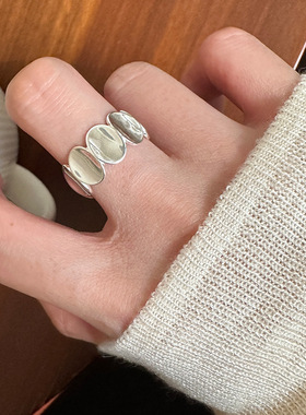 日系cherry kitty925银椭圆片戒指女几何简约个性时髦开口设计