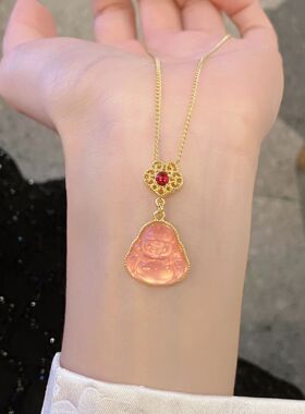 日系cherry kitty年粉色弥勒佛公吊坠项链女vintage复古宫廷风