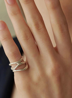 日系cherry kitty925银多层线条尾指女简约小巧精致戒指个性开口