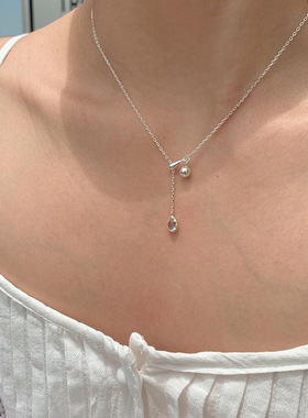 日系cherry kitty925银蓝色水滴项链抽拉式可调节锁骨链ins