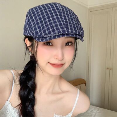 早春新款格纹复古气质前进帽女日系ins甜美百搭时尚反戴贝雷帽潮