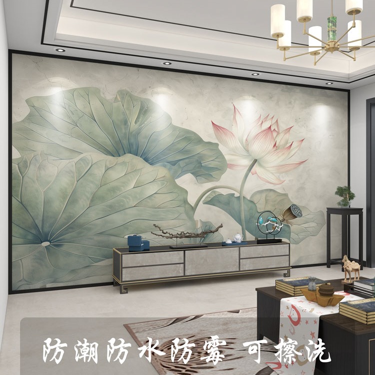 壁画3d立体中式意境荷花电视背景墙壁纸客厅壁布装饰墙布墙纸图片