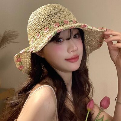 花朵草编渔夫帽女夏季海边沙滩度假大帽檐遮阳防晒草帽太阳帽