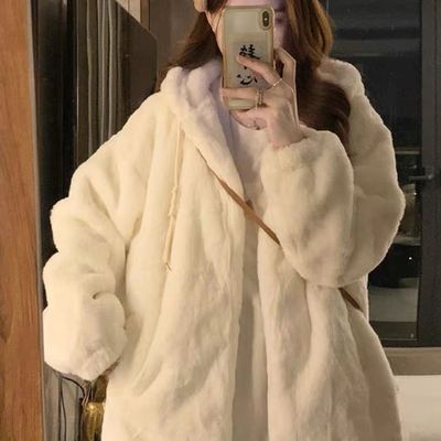 羊羔毛连帽棉服外套女秋冬季加棉加宽松毛绒毛茸茸保暖仿皮草米白