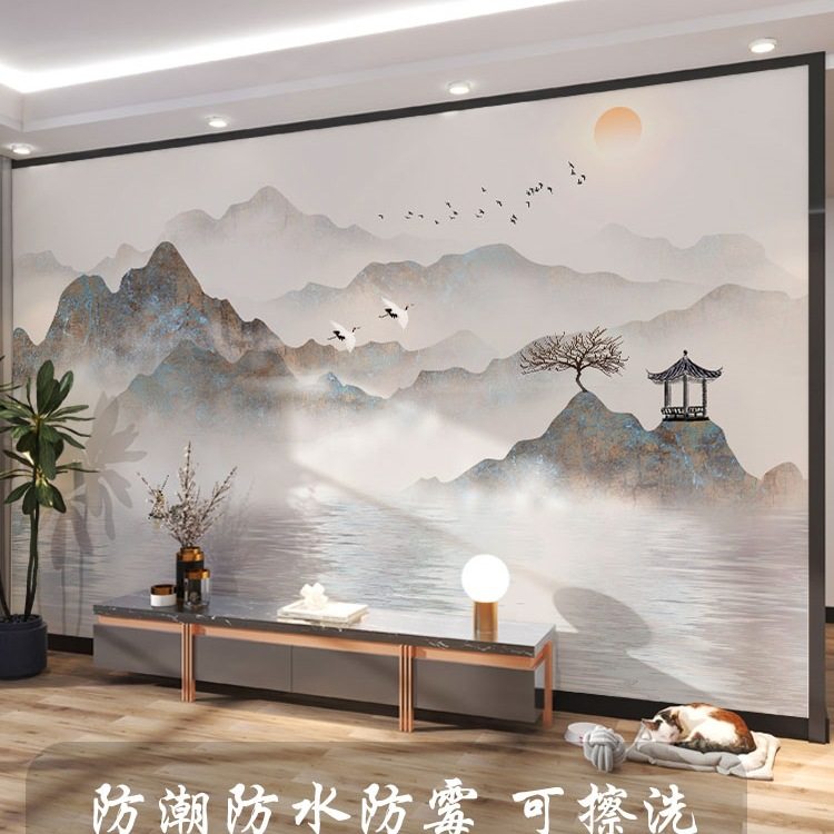 墙纸新中式3D立体水墨山水画电视背景墙壁纸客厅壁布影视墙布壁画