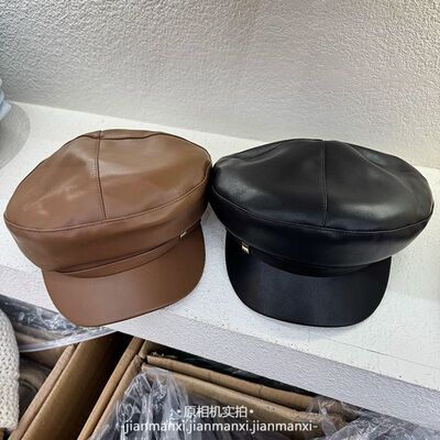 秋冬新款复古街头大头围平顶黑色pu皮休闲八角帽报童帽英伦风潮流