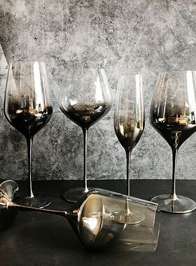 电镀银灰色渐变美式红酒杯子2支水晶金属感高脚杯欧式醒酒器套装