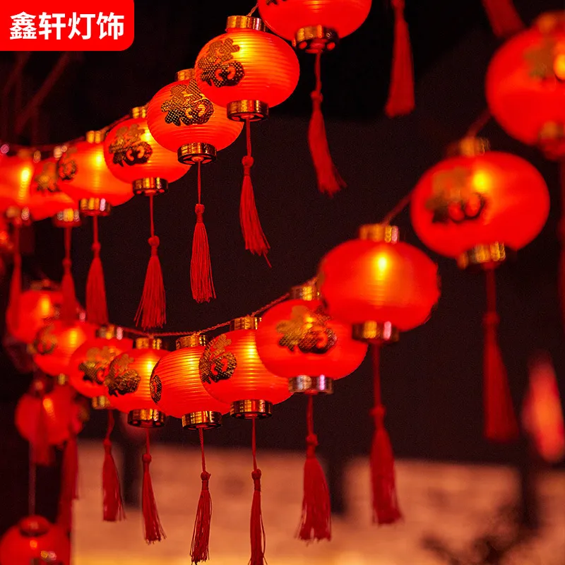 抖音爆款大红灯笼春节装饰太阳能续航长福字灯led流苏红灯笼灯串