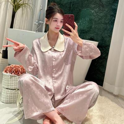春夏季冰丝提花长袖娃娃领睡衣女套装短款时尚甜美家居服韩版薄款