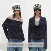 T恤女秋季 出逃赤岗西 假两件拼接蕾丝背心荡领羊毛长袖 一字肩上衣